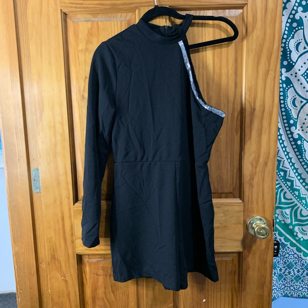 Black One Sleeve Halter Romper w/ Sequin Detail